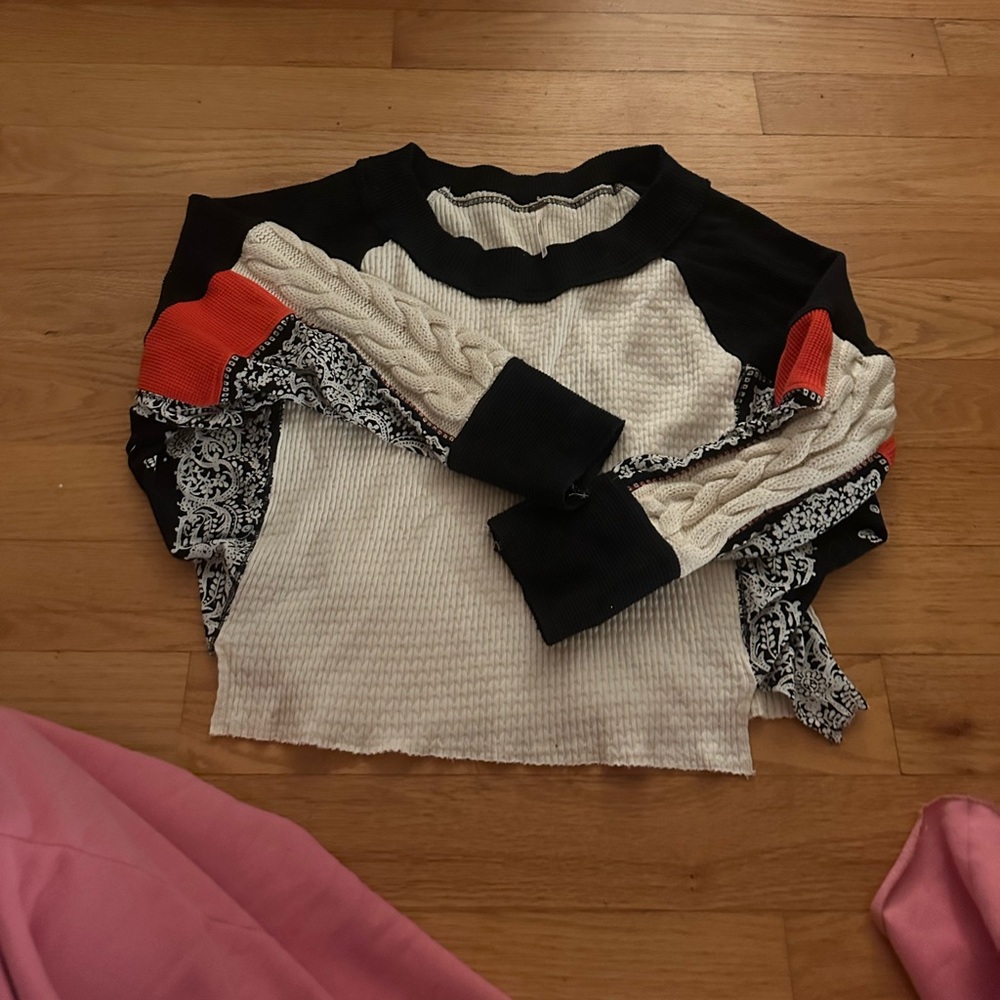 FP Movement by Free People Black and White Sweater with Red Accents